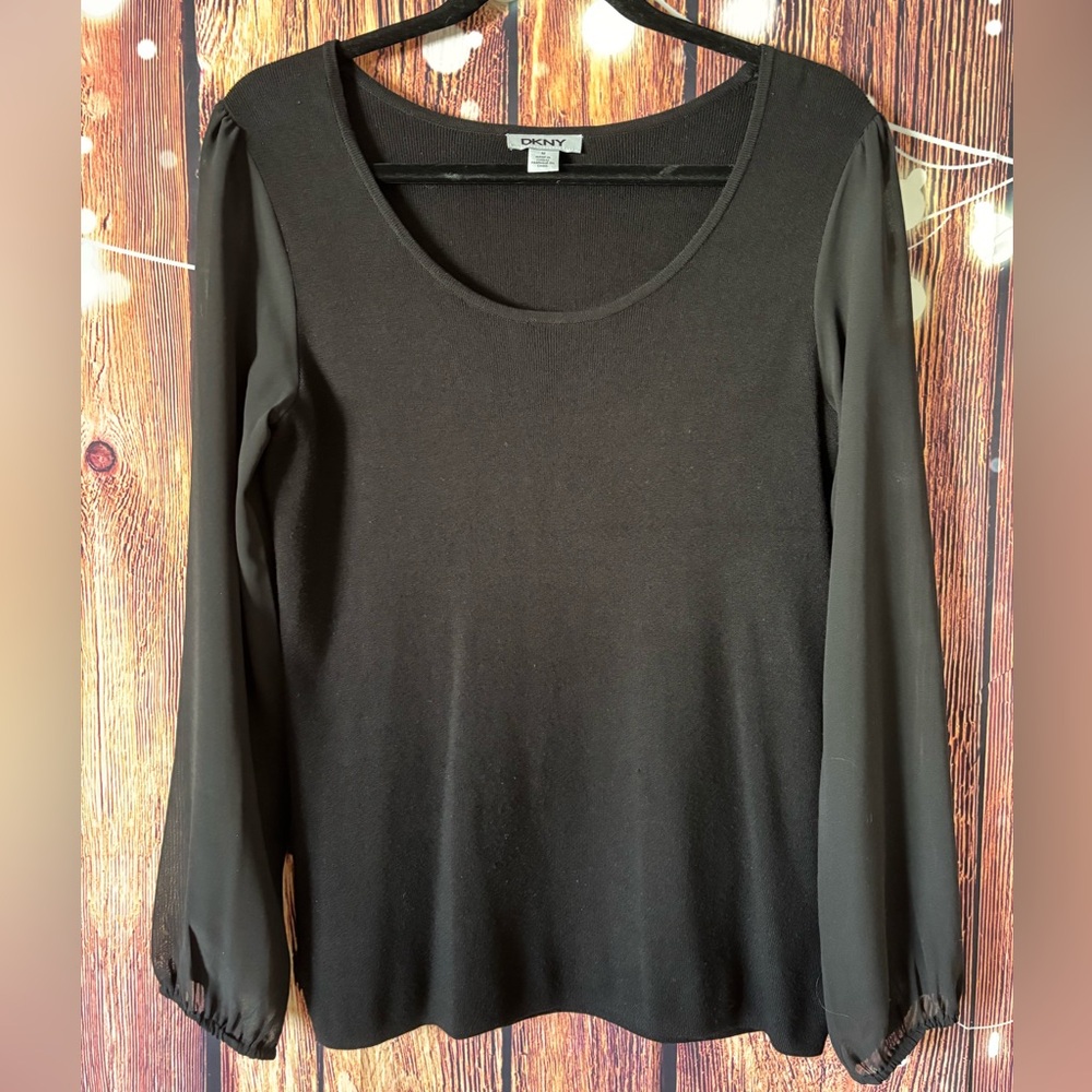 DKNY Women's Black Sweater with Sheer Sleeves
